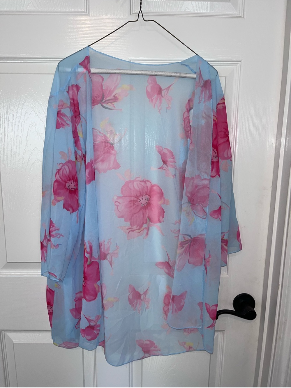 Blue Sheer Floral Kimono Cover-Up with Pink Bloom Print